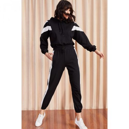 Olalook Women's Black Color Block Tracksuit Set