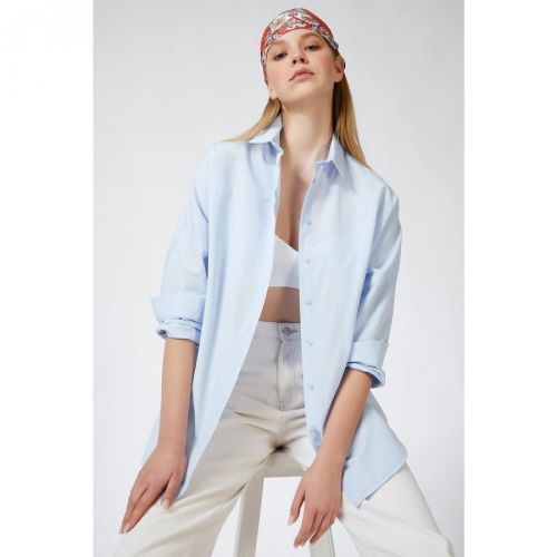 Happiness İstanbul Women's Sky Blue Oversize Long Basic Shirt