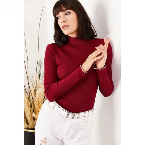 Olalook Women's Claret Red Collar And Sleeve Detailed Camisole Blouse