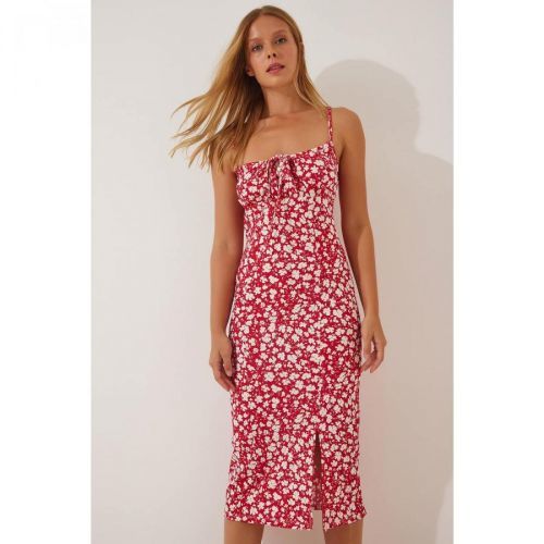 Happiness İstanbul Women's Dark Pink Floral Slit Knitted Dress