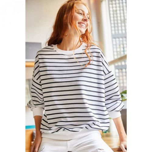 Olalook Women's White Black Striped Soft Textured Loose Sweatshirt