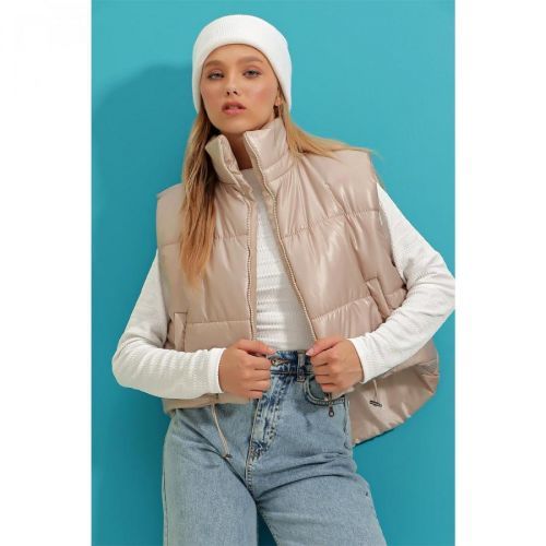 Trend Alaçatı Stili Women's Stone Stand Collar Double Pockets Full Filled Waist Adjustable Inflatable Vest