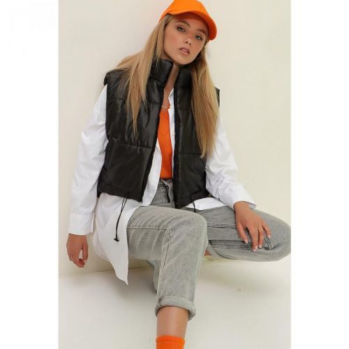 Trend Alaçatı Stili Women's Black Stand Collar Double Pockets Full Filled Inflatable Waist Adjustable Inflatable Vest