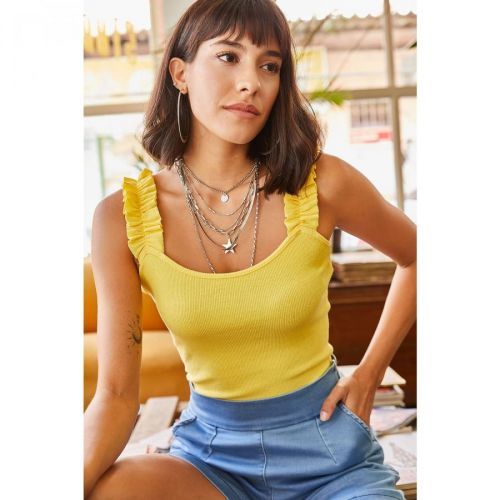 Olalook Women's Yellow Strap Frilly Lycra Camisole Blouse