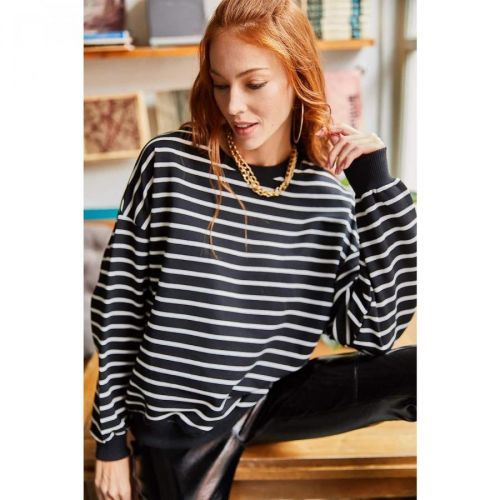 Olalook Women's Black and White Striped Soft Textured Loose Sweatshirt