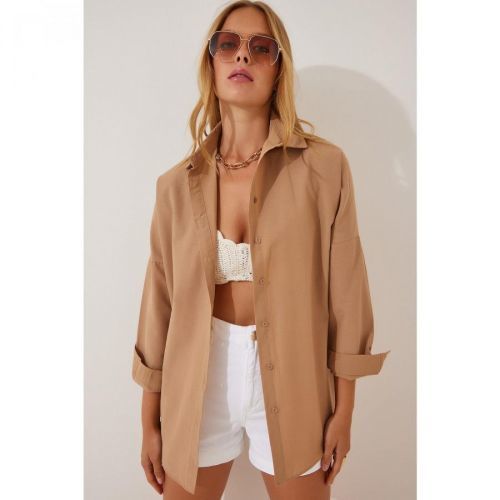 Happiness İstanbul Women's Camel Oversize Long Basic Shirt