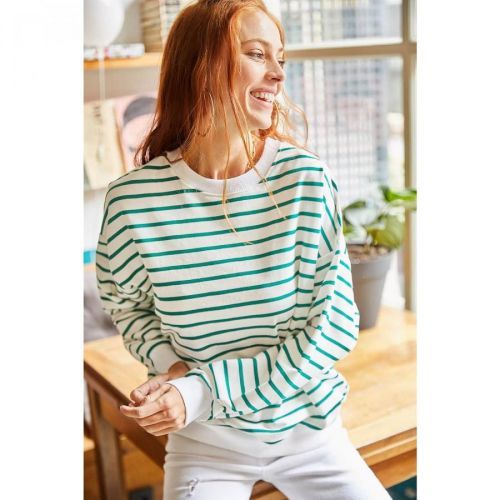 Olalook Women's Ecru Green Striped Soft Textured Loose Sweatshirt