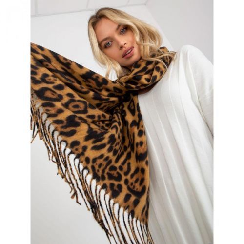 Camel and black women's scarf with an animal pattern