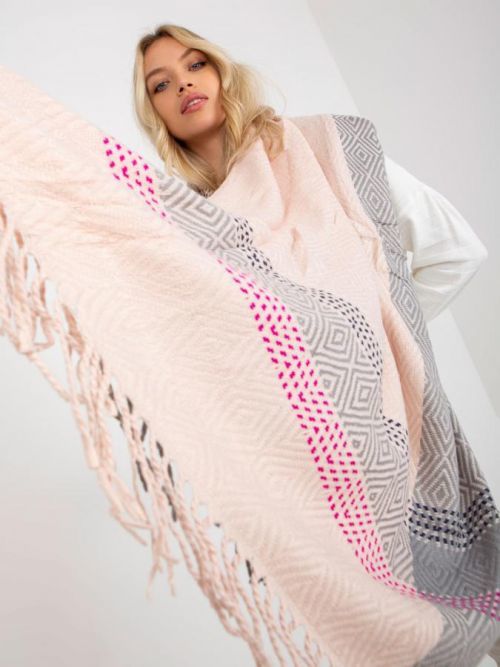 Women's light pink and gray winter scarf with fringes