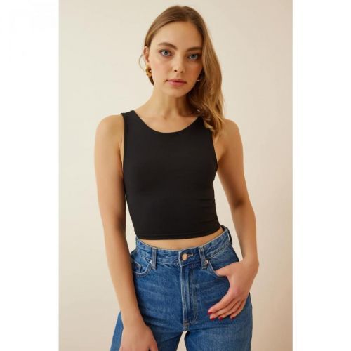 Happiness İstanbul Women's Black Strap Sandy Crop Blouse