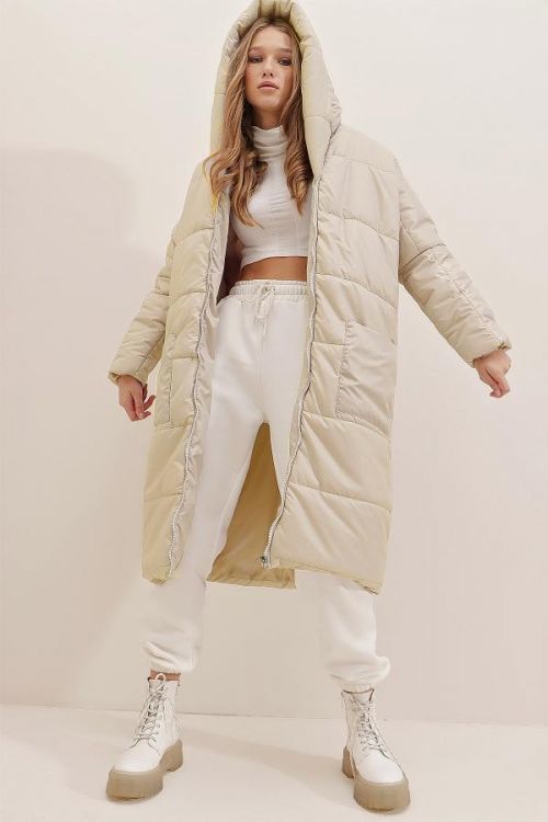 Trend Alaçatı Stili Women's Stone Hooded Waterproof Oversize Long Down Coat