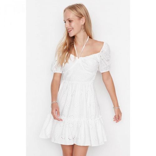 Trendyol Ecru Balloon Sleeve Brode Dress