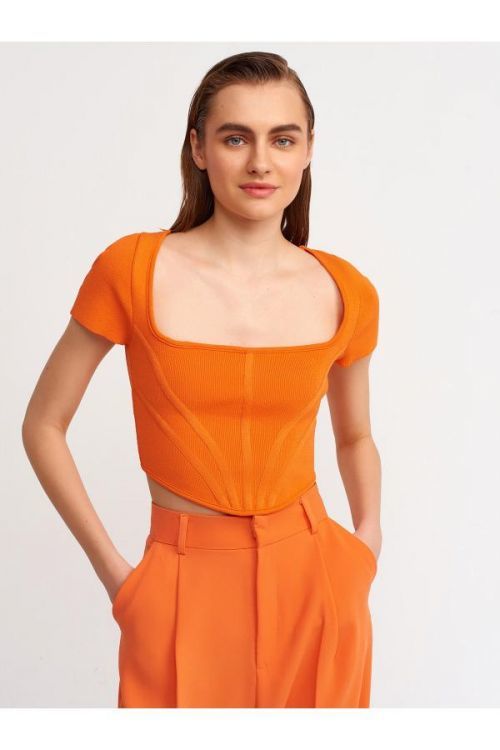 Dilvin 10188 Square Collar Short Sleeve Pullover-orange