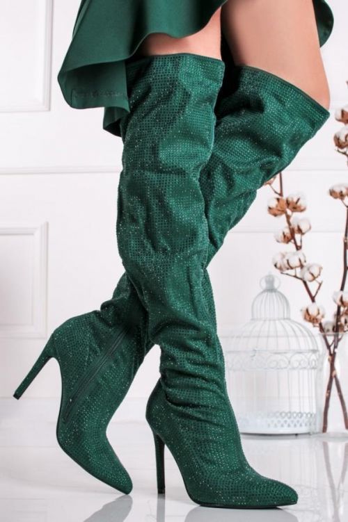 Tmavě zelené kozačky nad koleno na tenkém podpatku Shanice