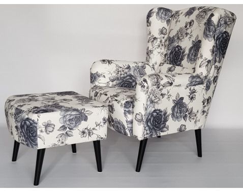 Křeslo s taburetem Canto, šedý květinový motiv