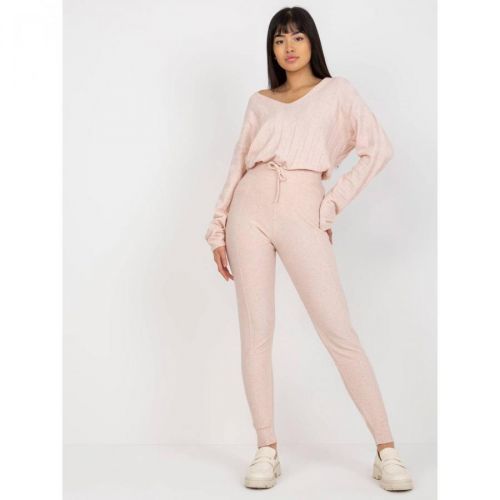 Light pink women's knitted trousers with a tie