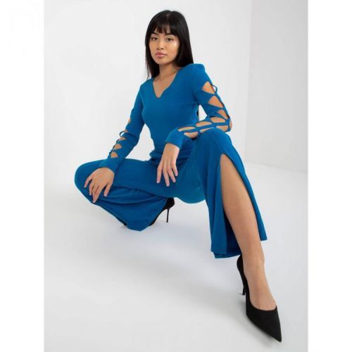 Dark blue wide knitted trousers with a slit