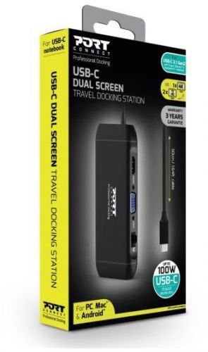 PORT DESIGNS PORT CONNECT Dokovací stanice 8v1 DUAL SCREEN,2xFullHD nebo 1x4K, HDMI, VGA, 3xUSB-A (901913)