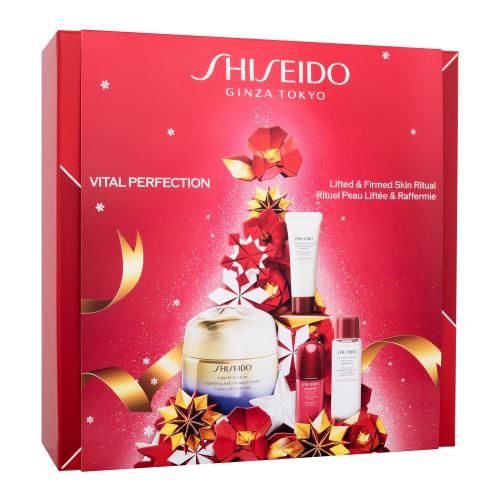 Shiseido Vital Perfection Lifted & Firmed Skin Ritual dárková kazeta proti vráskám W denní pleťový krém Vital Perfection 50 ml + čisticí pleťová pěna Clarifying Cleansing Foam 15 ml + pleťové tonikum Treatment Lotion 30 ml + pleťové séru