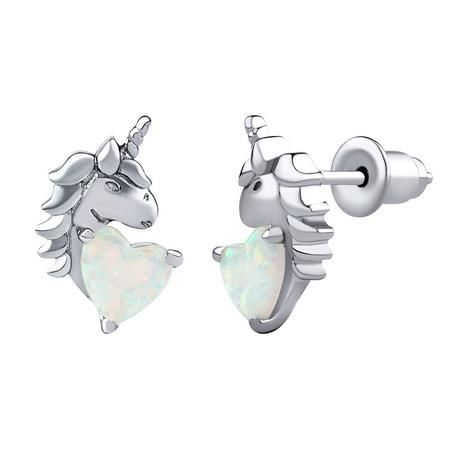 Stříbrné náušnice pecky jednorožec Esma s bílým opálem ve tvaru srdce