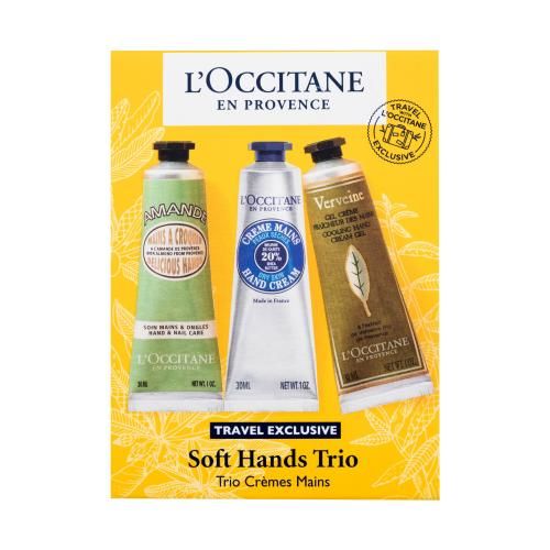 L'Occitane Soft Hands Trio dárková kazeta pro ženy krém na ruce Almond Delicious Hands 30 ml + krém na ruce Shea Hand Cream Dry Skin 30 ml + krém na ruce Verveine Cooling Hand Cream Gel 30 ml