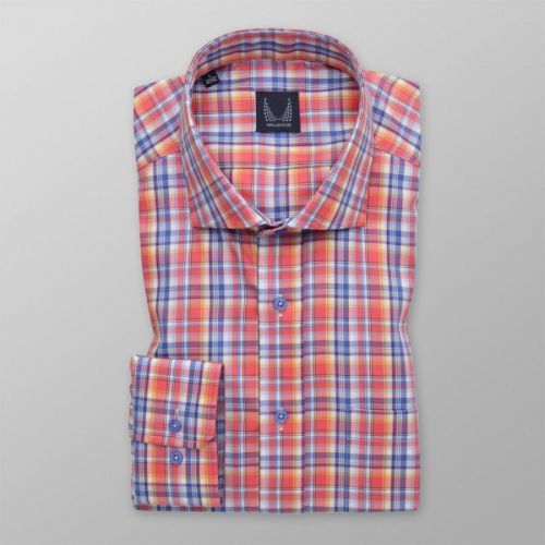 Pánská slim fit košile oranžové barvy s barevným kostkovaným vzorem 14804