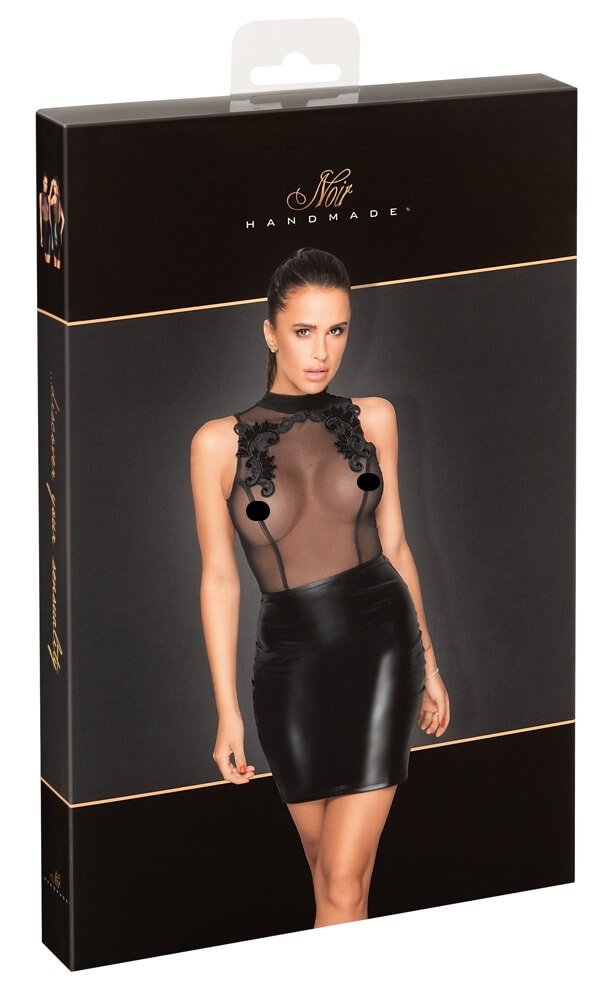 Noir - shiny mini dress with translucent embroidered top (black)