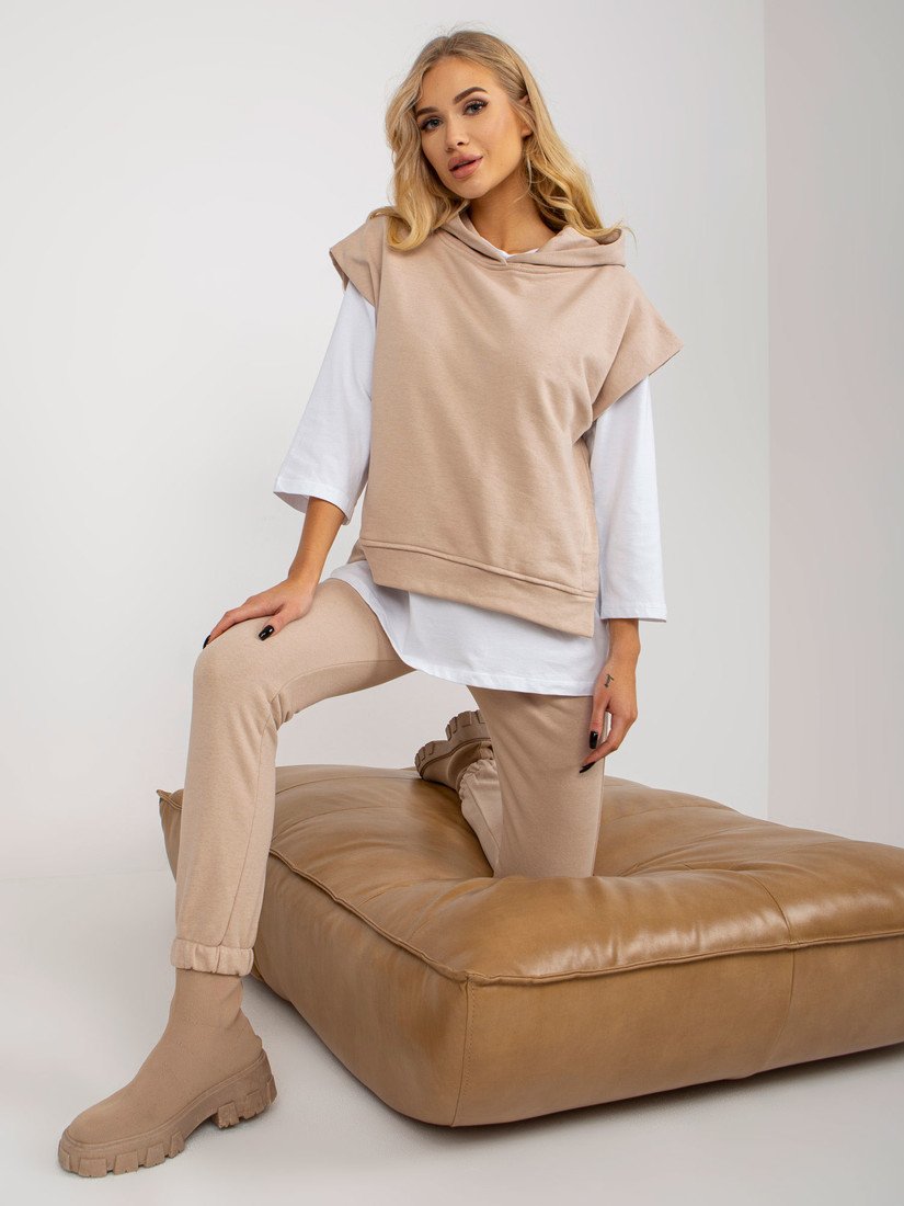 Beige three-piece casual set with a sweatshirt