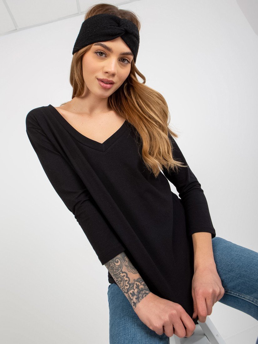 Basic black cotton blouse with a neckline