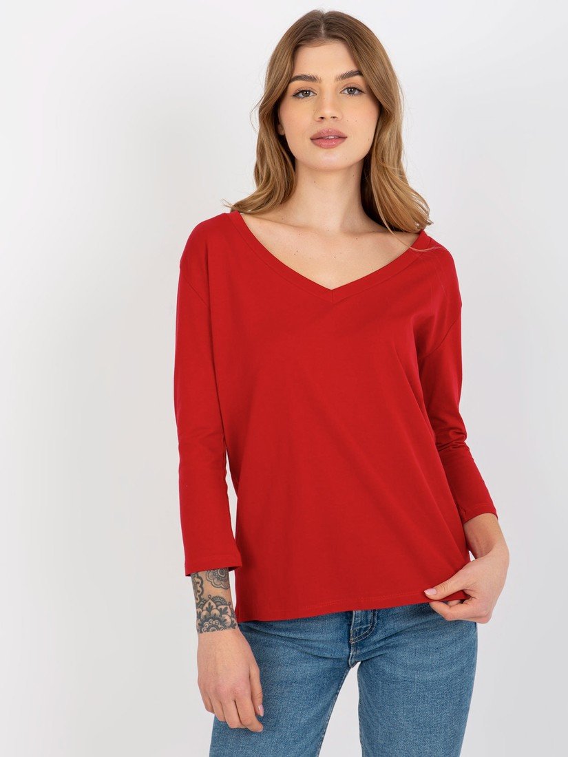 Basic V-neck red cotton blouse
