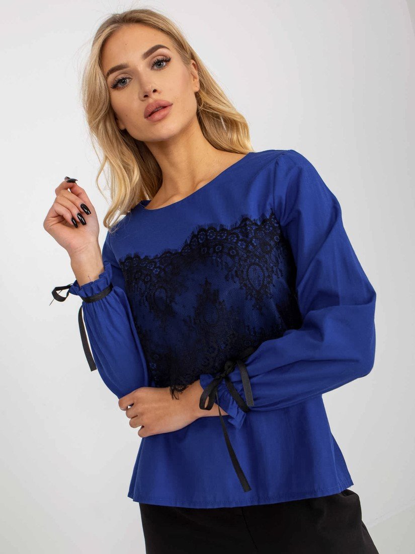 Cobalt blue formal blouse with a lace insert
