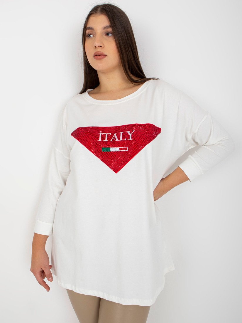 Ecru women's plus size blouse with rhinestones appliqué