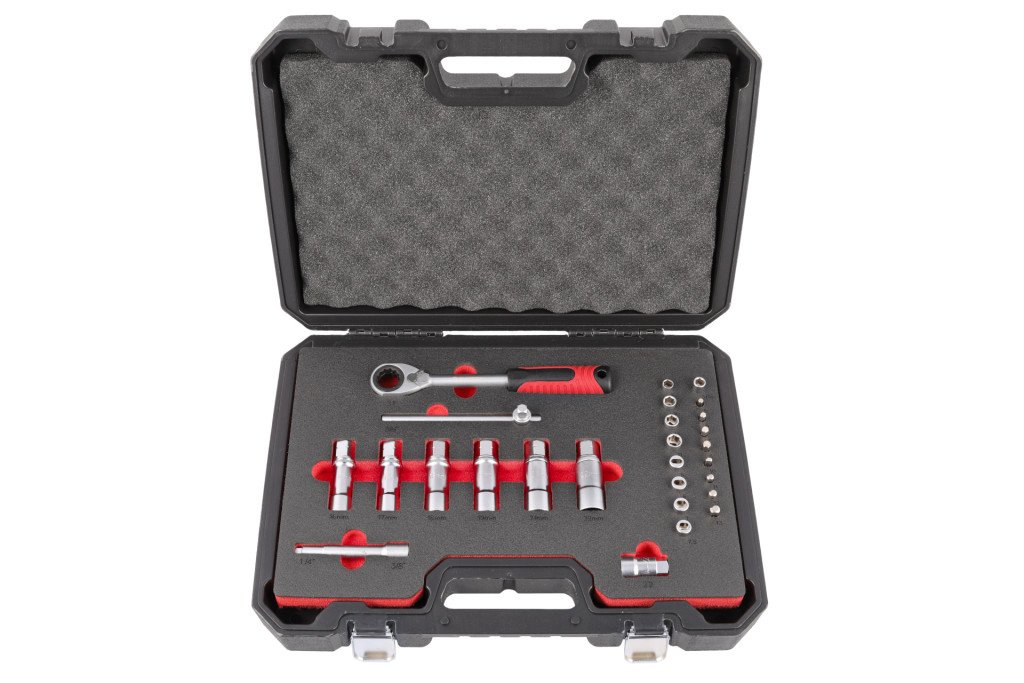 Hlavice s průchozí ráčnou na servis tlumičů, sada 27 ks - QUATROS QS80427