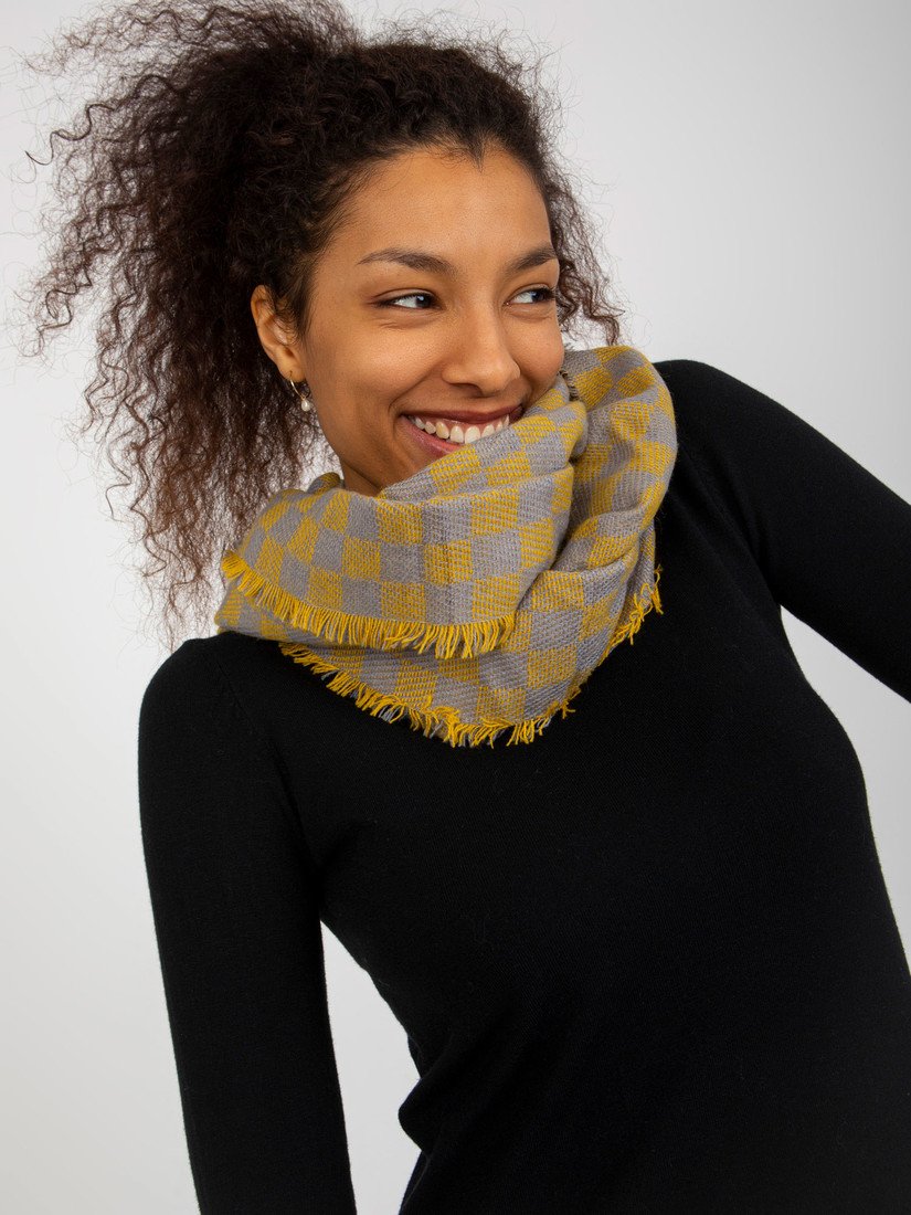Gray and yellow checkered winter scarf for women
