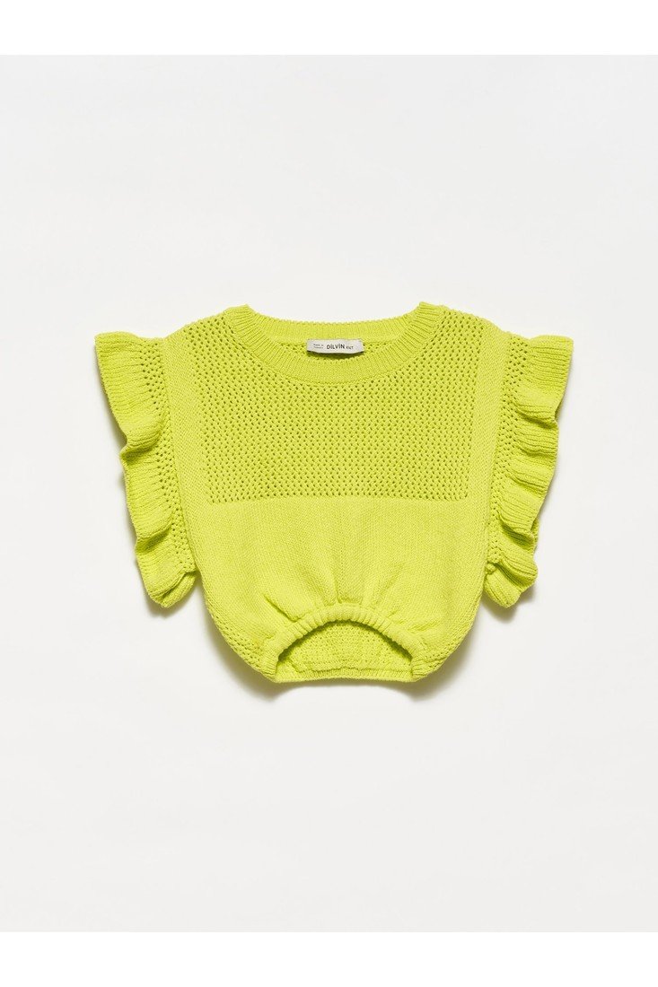 Dilvin 10176 Ruffle Sleeve Crop Sweater-lime