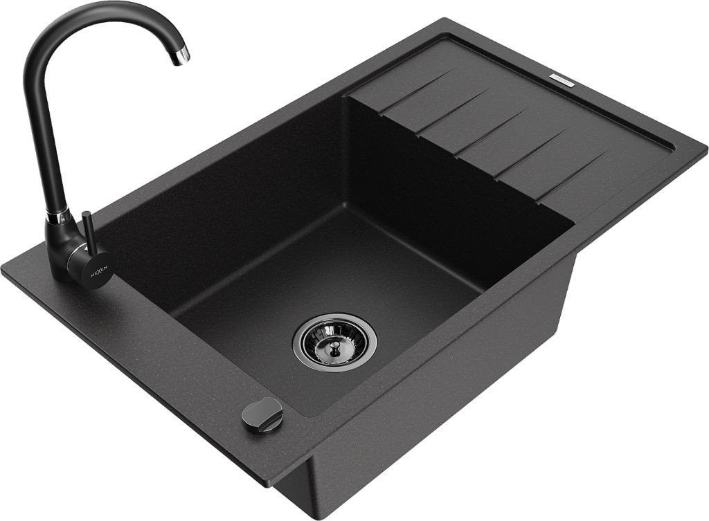 MEXEN/S Elias granitový dřez s odkapávačem včetně baterie Telma, černá 6511-77-670200-70-B