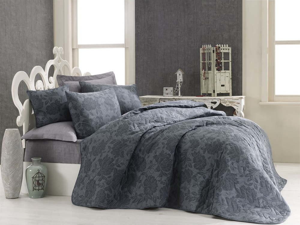 Set přehozu přes postel a povlaku na polštář s příměsí bavlny Eponj Home Jamie Anthracite, 160 x 220 cm