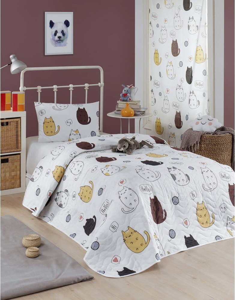 Set přehozu přes postel a povlaku na polštář s příměsí bavlny Eponj Home Hello Cats White, 160 x 220 cm