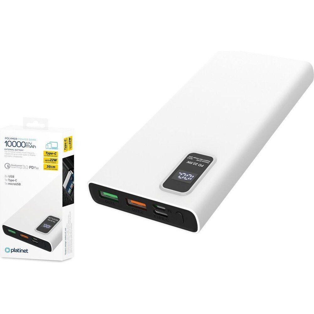 Platinet Power Bank PMPB10WQC726W 10000mAh PD3.0 QC3.0 display bílá