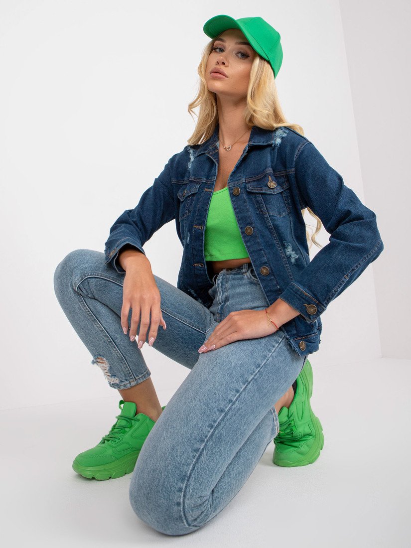 Dark blue women's denim jacket with pockets by RUE PARIS