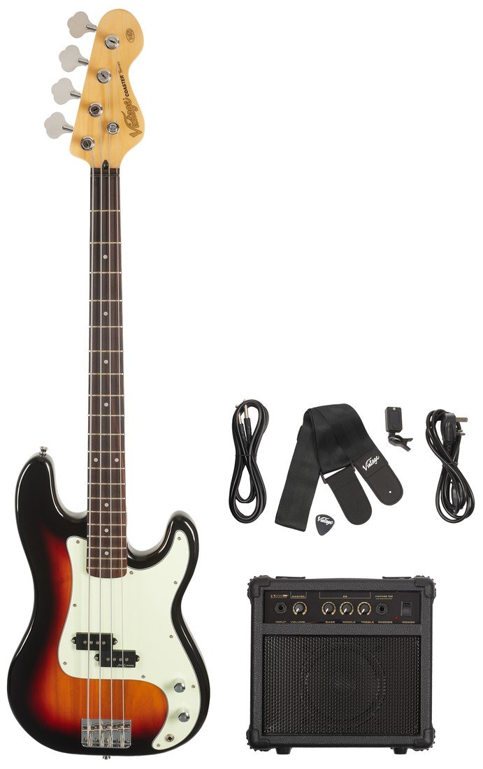 Vintage V40 COASTER BASS GUITAR PACK - 3 TONE SUNBURST