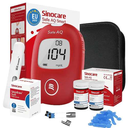 Sinocare Safe AQ Smart Glukometr 25ks test. proužků + 25ks lancet, odběrové pero, cestovní pouzdro