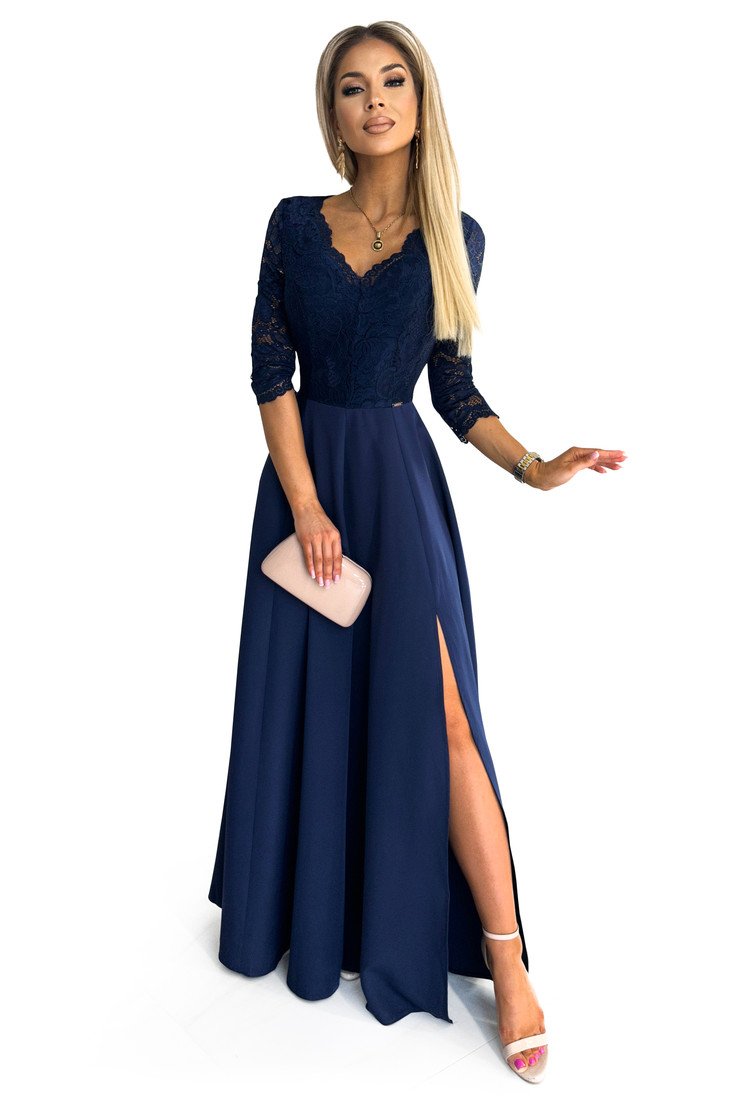 Elegant long dress with lace neckline Numoco