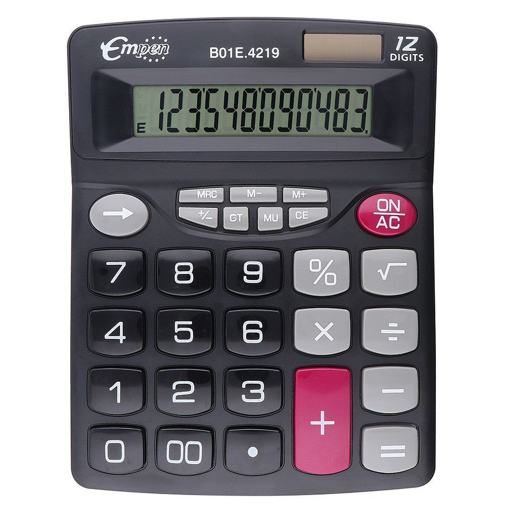 Stolní kalkulačka Jair se solárním i bateriovým napájením. Kalkulačka disponuje 1 řádkovým displejem pro zobrazení až 12 číslic a plastovými tlačítky. Samozřejmostí jsou základní B01E.4219.90