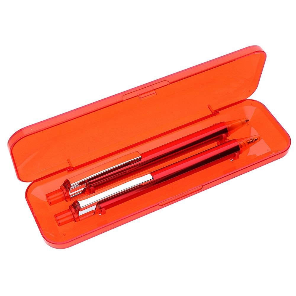 Sada hlinikové kuličkové pero a mikrotužky s barevným tělem, chromovanou kovovu sponou s plastovými transparentními doplňky v plastovém transparentním boxu A10.4218 Rialta - A