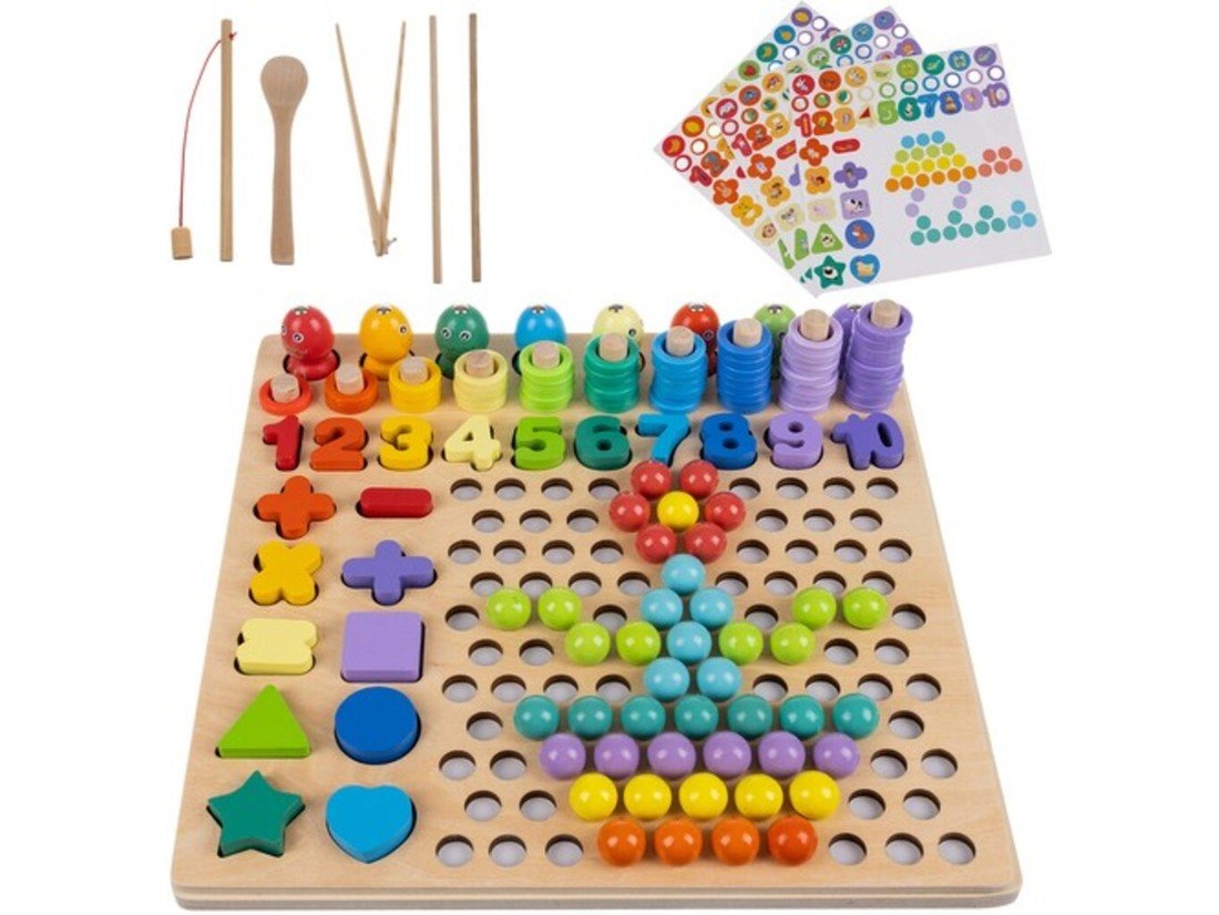 Dřevěná vkládačka rybičky, čísla, kruhy