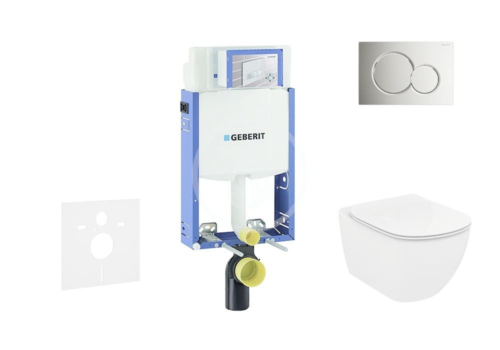 GEBERIT Kombifix Modul pro závěsné WC s tlačítkem Sigma01, lesklý chrom + Ideal Standard Tesi WC a sedátko, Rimless, SoftClose 110.302.00.5 NE2