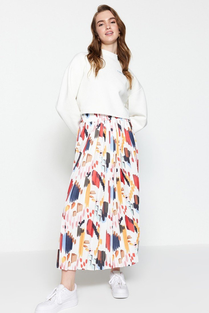 Trendyol Multicolored Wide Pleated High Waist Knitted Skirt