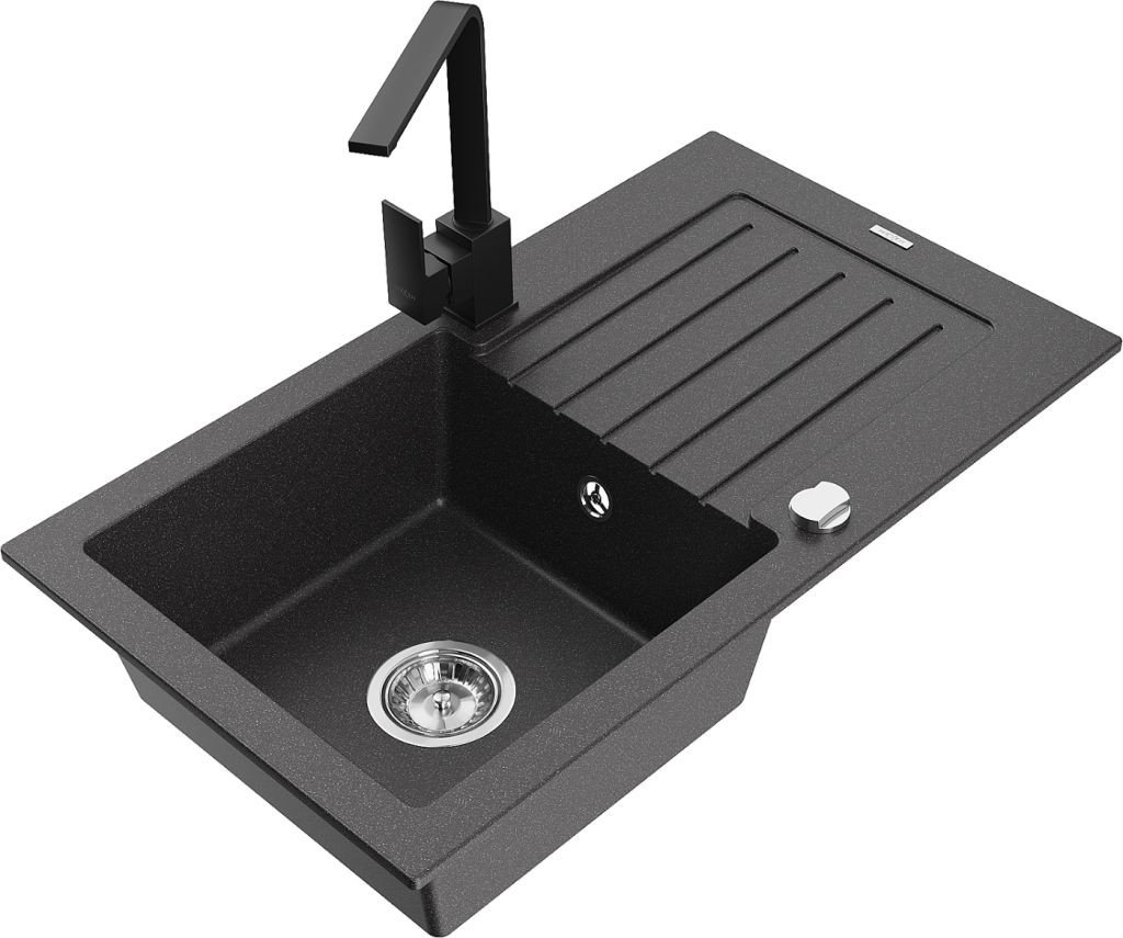 MEXEN/S Pablo granitový dřez 1-miska s odkapávačem včetně baterie Rita, černý kropenatý 6510-76-670300-70