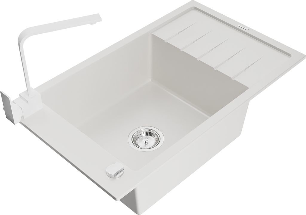 MEXEN/S Elias granitový dřez 1-miska s odkapávačem včetně baterie Rita, bílá 6511-20-670300-20